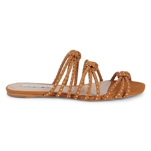 Saks Fifth Avenue Gold Stud Tan Suede Strappy Flat Gladiator Greek Moto Sandals - Picture 2 of 3